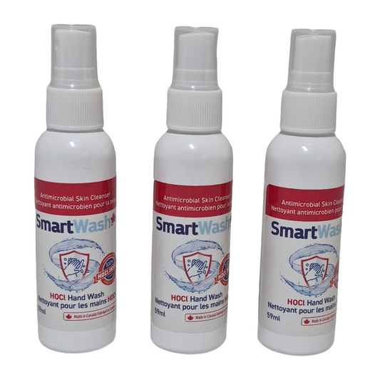 Front image: CleanSmart Antimicrobial Hand Wash 3 x 60 mL spray bottles in new white packaging – front view