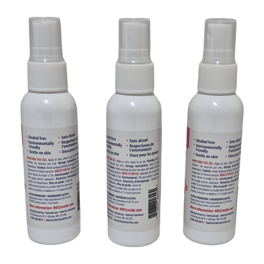 Rear image: CleanSmart Antimicrobial Hand Wash 3 x 60 mL spray bottles in new white packaging – rear label view