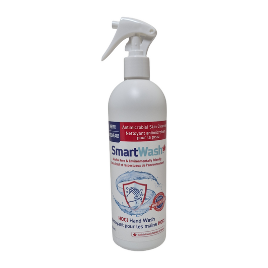Front image: CleanSmart Antimicrobial Hand Wash 500 mL spray bottle in new white packaging – front view