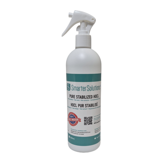 Front image: Pure Stabilized HOCl 500 mL spray bottle in new white packaging – front view